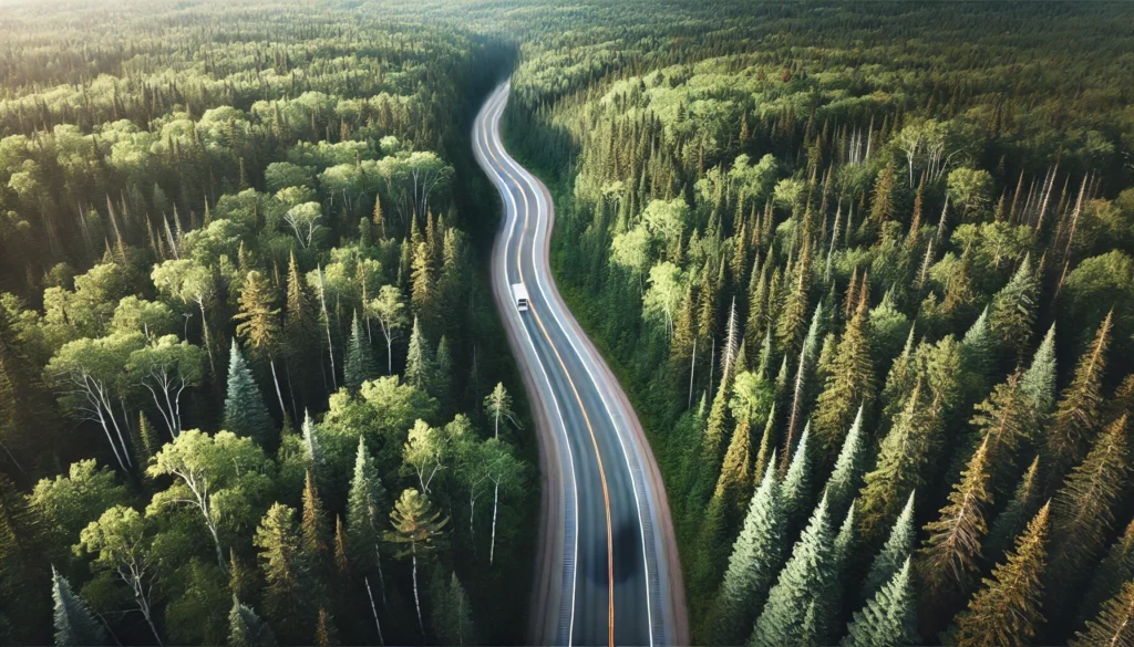 Winding road through dense forest from above