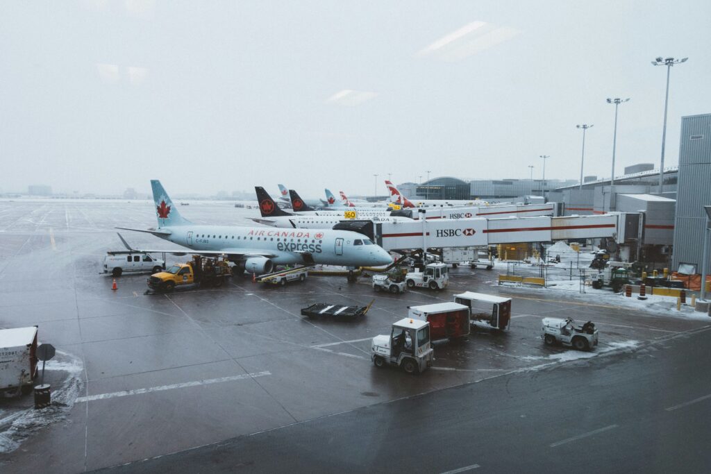 Air Canada planes at airport during winter