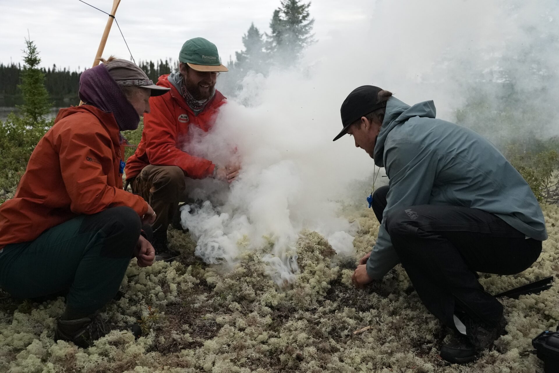 Outdoor group making campfire in forest.