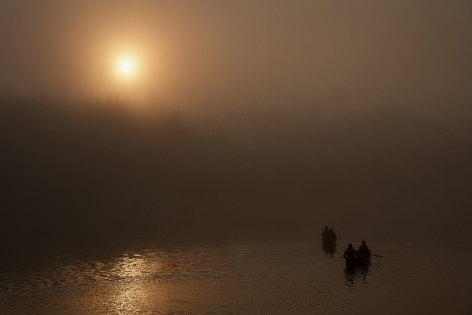 Canoeing at sunrise in foggy lake.