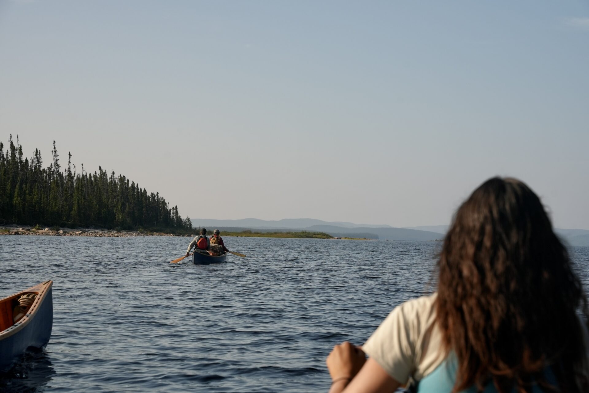 People kayaking on a lake with trees