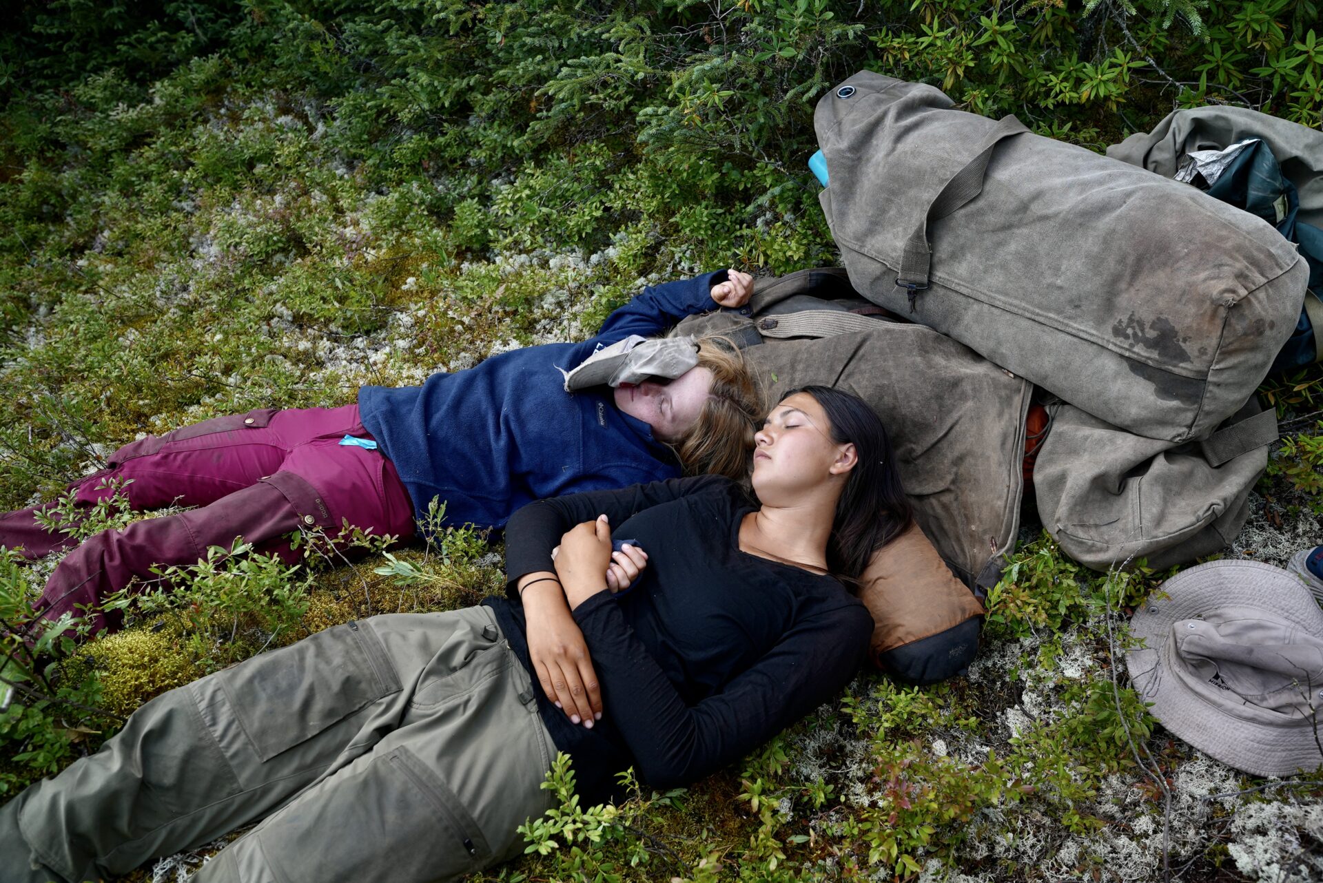 Two hikers sleeping outdoors in forest.