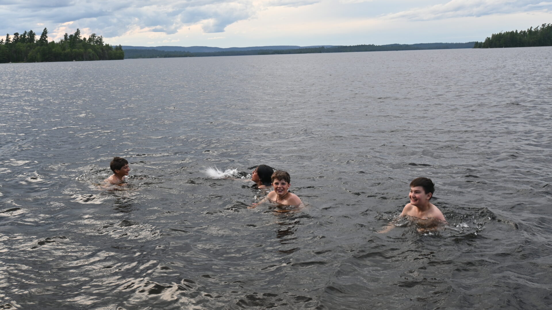 Children swimming in a lake