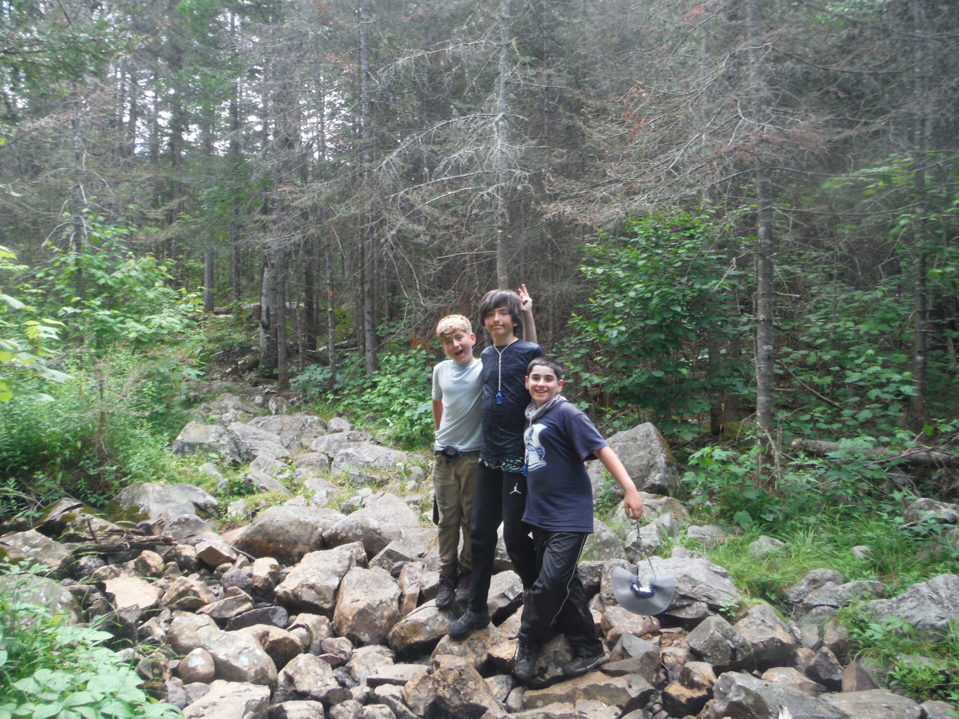 Three boys hiking in a forest with rocks.