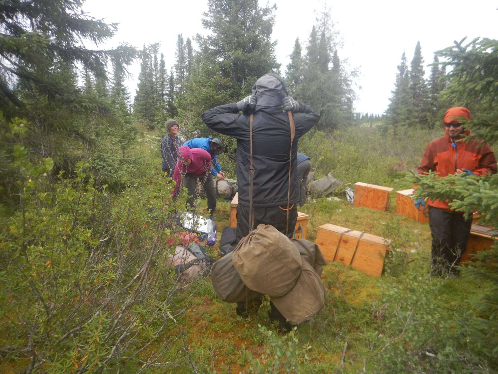 People preparing hiking gear in forest