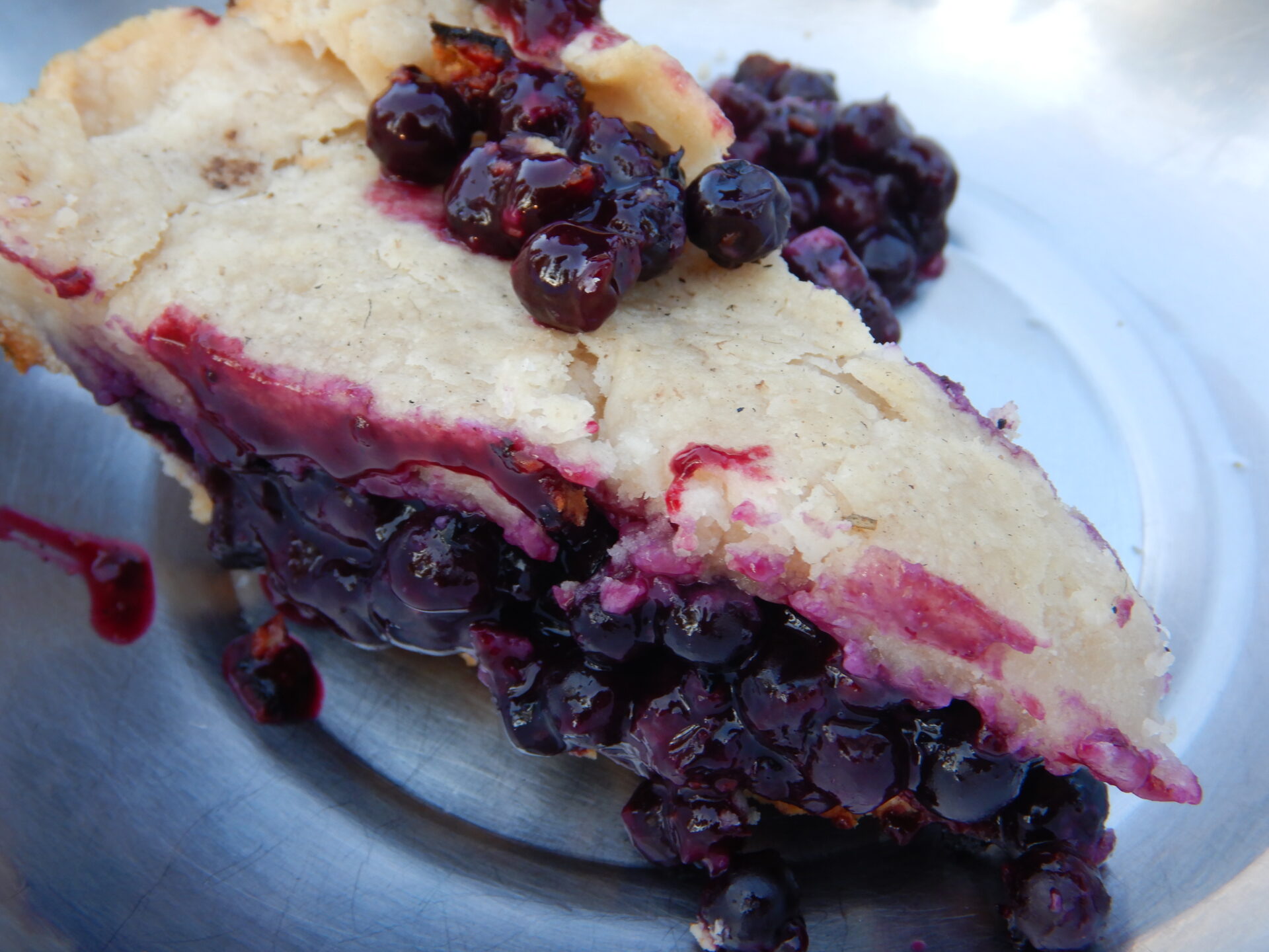 Slice of blueberry pie on plate.