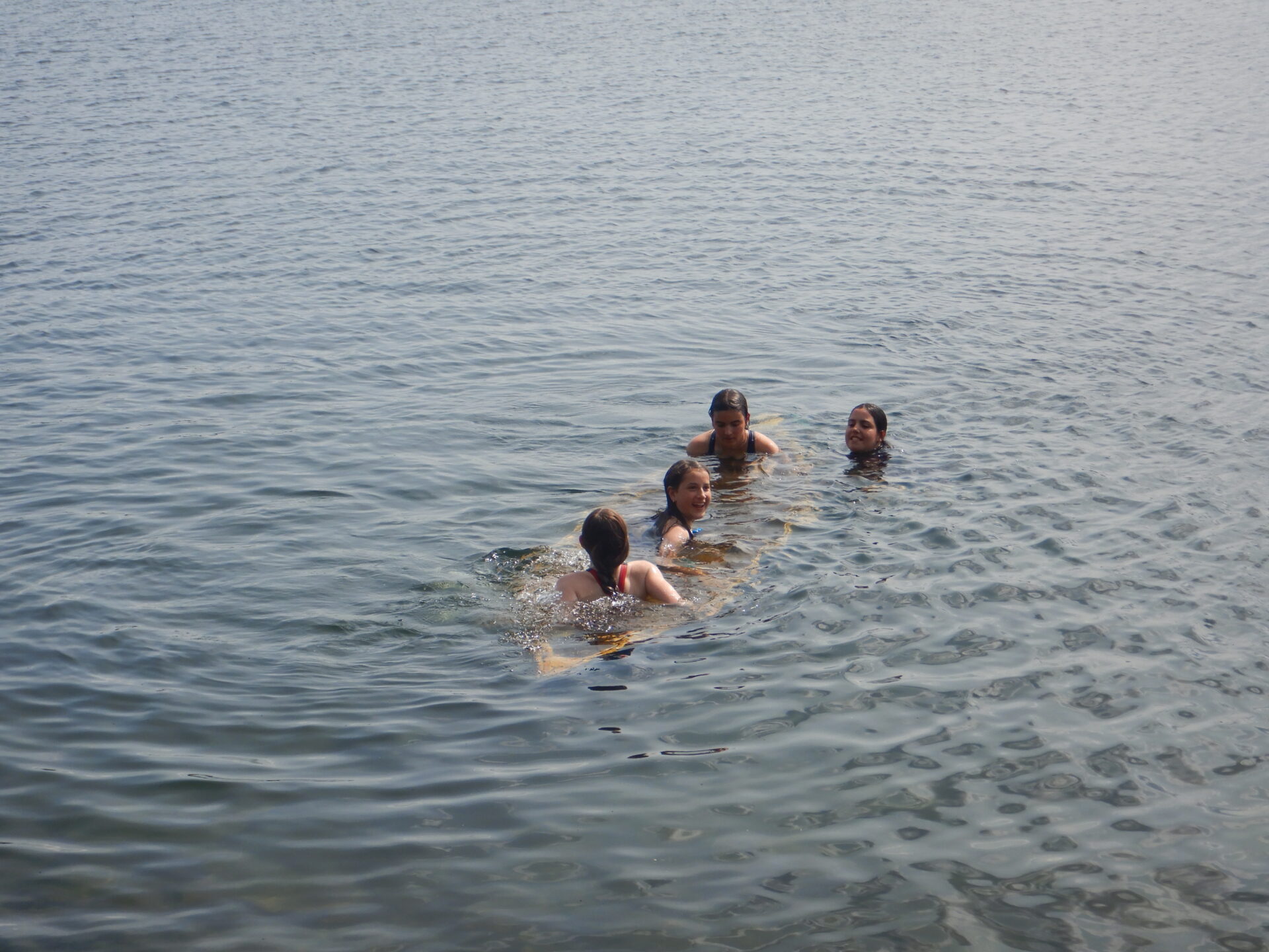 Four kids swimming in a lake