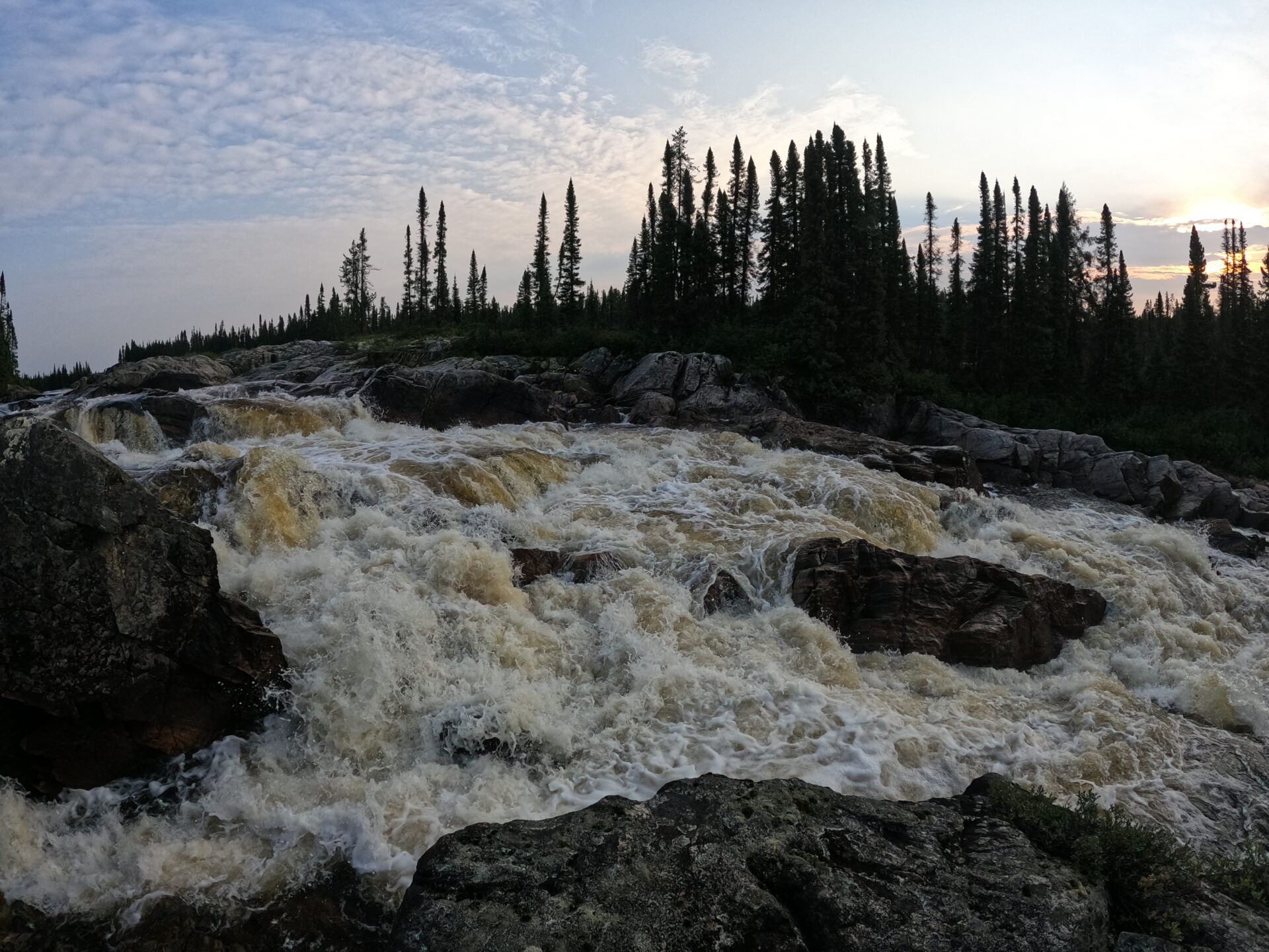 Rushing river waterfall with forest background