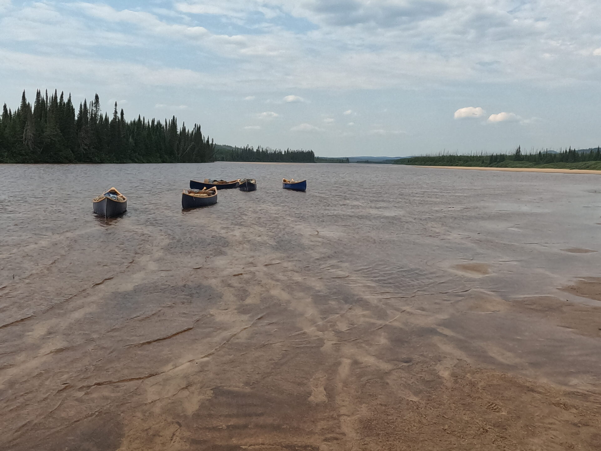 Canoes on a calm riverbank with forest