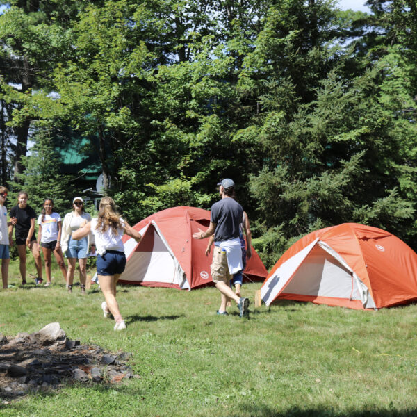 Group of campers near tents in forest.