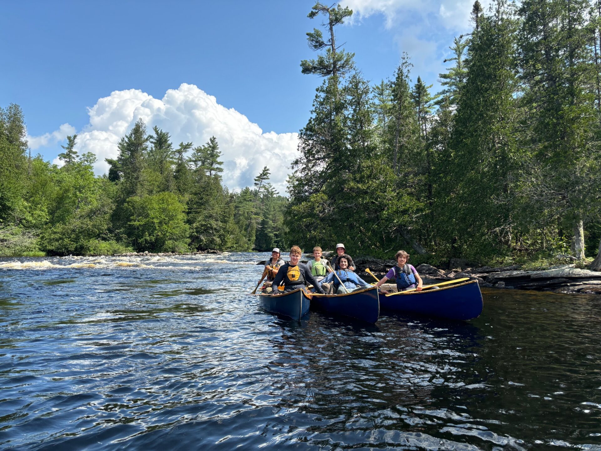 Group canoeing on a river with trees