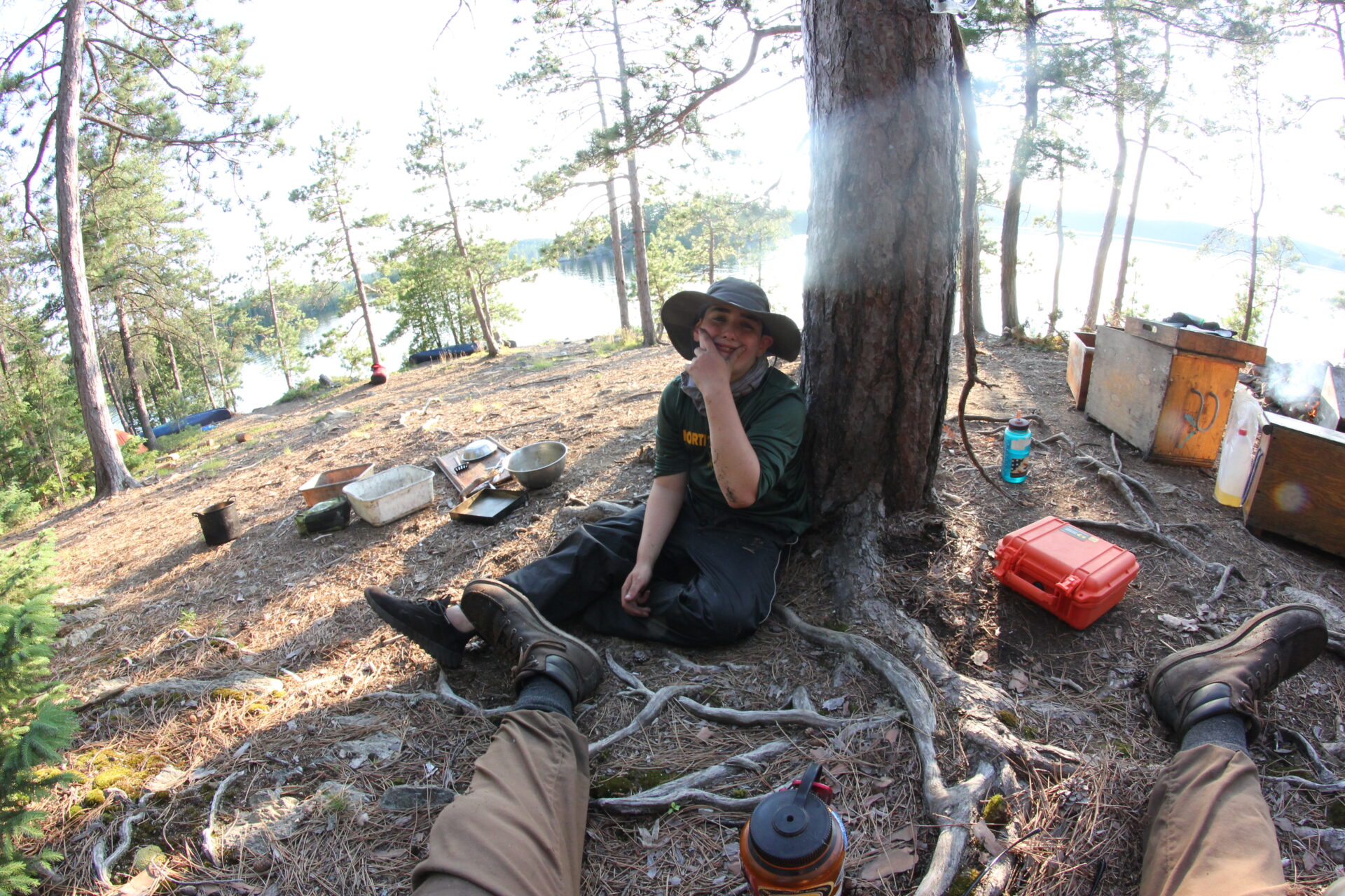 Person sitting by tree at campsite in forest.