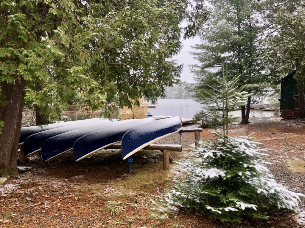 Snow-covered canoes by the lake in winter forest.