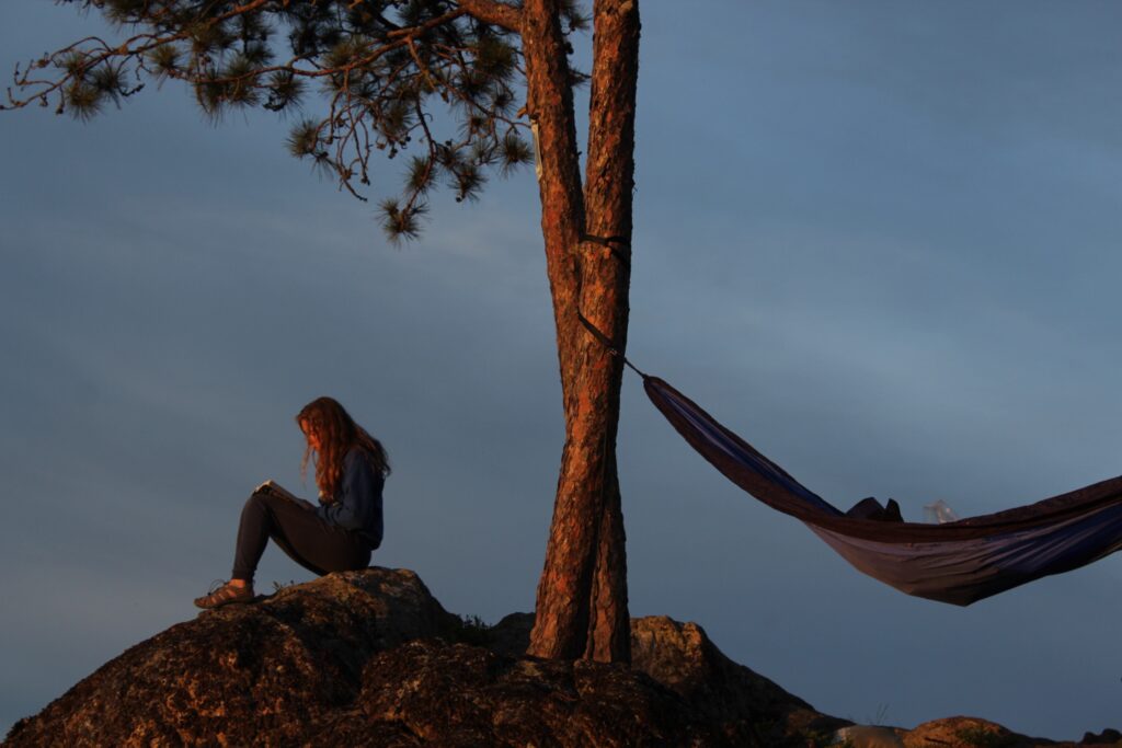 Person reading by tree with hammock, dusk setting