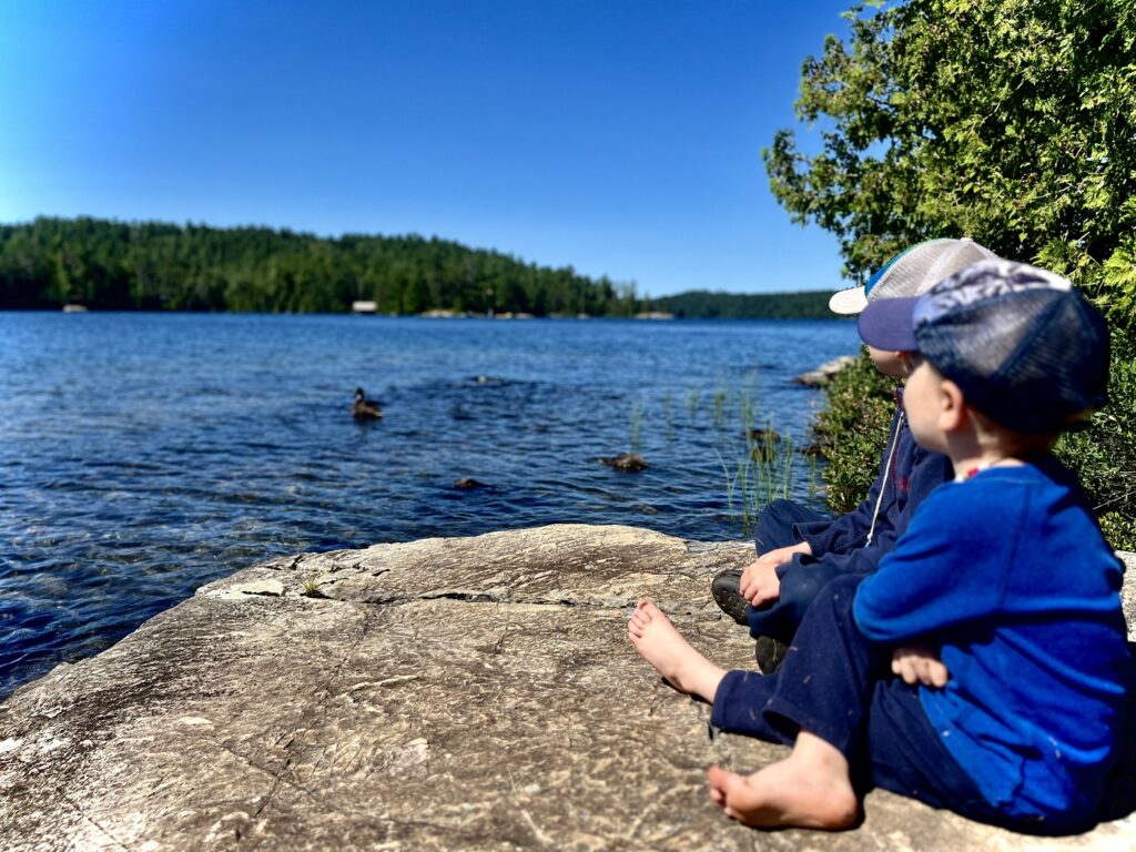 Two kids sitting by a scenic lake.